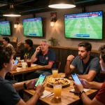 Enthusiastic fans placing bets on bola piala dunia 2026 matches from their mobile devices in a lively sports bar.