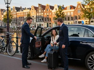 Taxi Amsterdam service met Mercedes E-Klasse en glimlachende passagiers in een schilderachtige achtergrond.