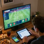 Engaged player placing bets on Uk88 while watching live sports from home setup.