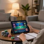 Experience strategic online wagering with Sunwin in a cozy home setting, showcasing a gaming tablet and betting notes.