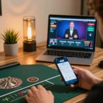 Experience thrilling gameplay on Uk88 with a smartphone showing roulette and a live dealer on a laptop.