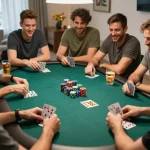 Players engaging in an intense poker game at home, showcasing 789 bet excitement in a lively social setting.