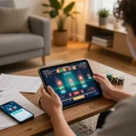 ku bet player enjoying online casino gameplay on tablet in a cozy home setting
