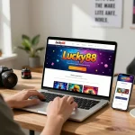 Đăng ký Lucky88 on a laptop with vibrant promotional banners and gaming accessories.