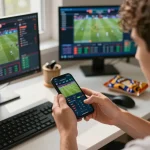 PHPVIP player engaging in live sports betting on smartphone, showcasing betting options in dynamic workspace.