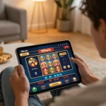 Engaging in online casino games through 789win on a tablet at home, showcasing excitement and comfort.