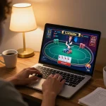 Engaging online gaming session at home with 98win9 poker on the laptop and strategic notes.