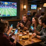 Friends engaging in sports betting at F8BET, celebrating exciting gameplay with smartphones.