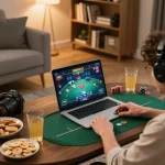 Engaging in poker strategy during an online game at 78win from a cozy living room