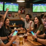 Fans engaging in soi kèo nhà cái while cheering for their favorite teams at a vibrant sports bar.
