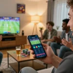 Person engaged in sports betting on mobile app while watching the game, showcasing excitement with Red88 atmosphere.