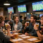 Witness the action of sports betting with ty le keo nha cai displayed on multiple screens in an energetic sports bar.