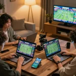 Gambling on keonhacai 88 with friends using smartphones and laptops in a cozy home setting