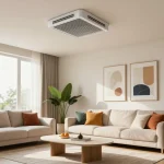 Stijlvolle woonkamer met een moderne ventilator die comfort en moderne decoratie verbetert.