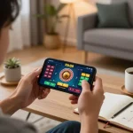 A player engaging with the App Rik88 while enjoying strategic gameplay in a comfortable home setting.