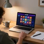 xocdia88 gaming interface displayed on laptop in cozy home office setting, showcasing a responsible gambling atmosphere.