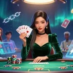 Experience strategic poker action at max88 with a stunning Asian dealer revealing cards amidst glowing crypto coins.