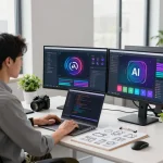 Developer utilizing juicy ai technology in a modern workspace, showcasing AI tools and interface designs.