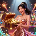 Engage with the exciting world of red88's casino games featuring a treasure chest full of riches amidst vibrant elements.
