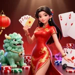 Win big with ww88 at a vibrant casino scene showcasing an elegant woman with playing cards and a jade lion.
