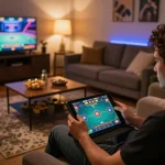 Player engaging on sc88 tablet in cozy casino-style home scene, showcasing gaming strategy and fun.