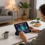 Engaging online gaming scene showing Link nhà cái Bom88 on user’s tablet for dynamic casino experience.