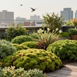 Vibrant mos sedum dak met weelderige groene planten en een tuinier die de daktuin verzorgt met een stedelijke skyline.