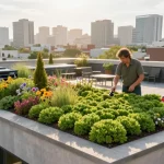 Vibrant mos sedum dak op een dak met een landschapsarchitect die planten inspecteert, wat stedelijke tuinieren laat zien.