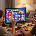Players enjoying the excitement of nổ hũ online slots in a lively home setting.