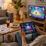 Engaging with the 566 casino app on a tablet in a cozy home setting.