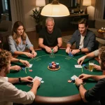 Players enjoying a home poker night at u888, engaged in lively gameplay with competitive spirit.