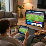 Socolive TV showing a live football match on a tablet, enhancing at-home sports viewing.