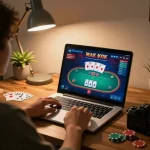 Player engaging in online poker at home while using ALO8, featuring game interface and cozy setup.