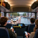 Comfortable ride in a taxi bus amsterdam with city views at night.