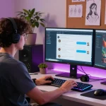 Engaging workspace showcasing nsfw character ai interactions on multiple monitors, emphasizing modern tech and creativity.