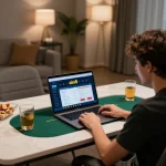 Engaging with nhà cái alo8 online gaming interface from a stylish home desk setup