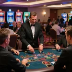 Engaged players at cm88 casino blackjack table, vibrant atmosphere showcasing thrilling gameplay.