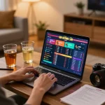 Engaged user betting on mm88 reisen online from a cozy gaming setup with laptop and drinks.
