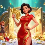 Engage with ทดลองเล่นสล็อต while immersing in a vibrant casino scene filled with gold and jewels.