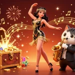 Experience the excitement of tx88ss with a glamorous flapper and playful saxophone cat amidst dazzling casino elements.
