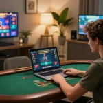 Player enjoying a live dealer blackjack game on 88xx in a cozy home setup, emphasizing responsible gaming.