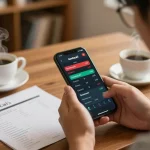 Person viewing keonhacai5 odds on smartphone, surrounded by betting notes in cozy setting