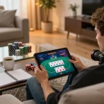 Playing casino games at home on a tablet, showcasing nhà cái alo8 for online entertainment.