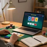 o8 player enjoying live dealer blackjack on laptop with gaming strategies in cozy home