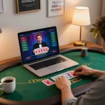 Player engaging with online blackjack at O8, showcasing live dealer interaction and immersive gambling.