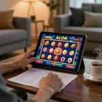 Person enjoying an online gambling experience at ALO8 with a tablet displaying slot game.