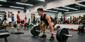 Prime Pharma Steroiden showcased in a modern fitness gym where bodybuilder lifts weights with focus and determination.