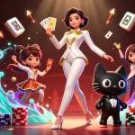Engage with go8's vibrant gaming scene as a woman with golden cards plays strategically beside her cartoon cat.