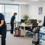 Cleaning team from schoonmaakbedrijf den haag sanitizing modern office space with advanced equipment and natural light