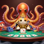 Engage with the thrilling world of pbv88 casino, showcasing a vibrant kraken and diving cat in a poker scene.